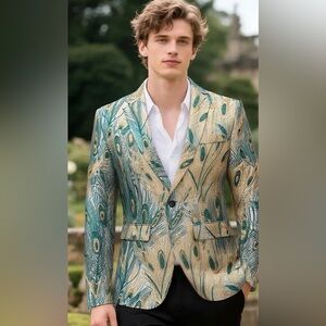 New Peacock Plume Jacquard Champaigne Tuxedo Jacket